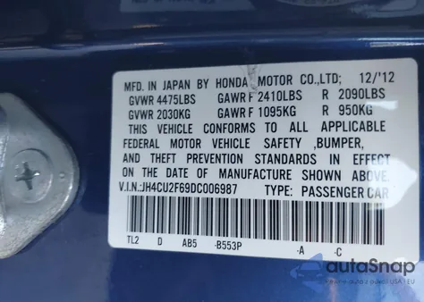 2013 Acura Tsx 2.4 z USA, uszkodzony, nr VIN JH4CU2F69DC006987